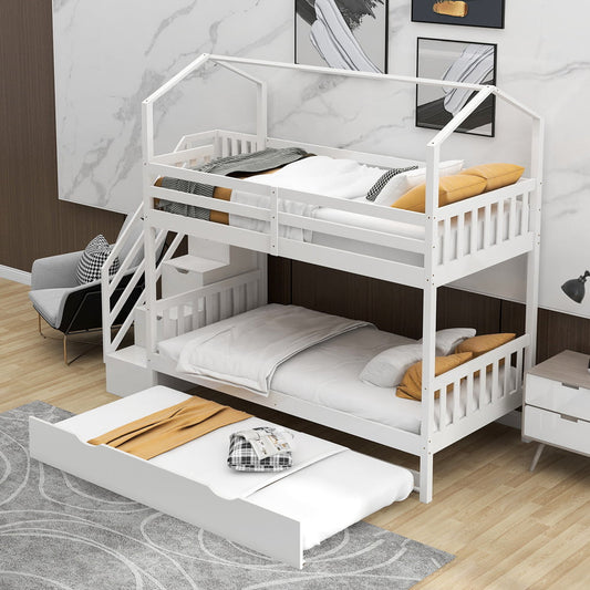 Bunk Bed with Trundle and Stair, Sesslife Twin over Twin House Bunk Bed for Kids Teens, Wood Bunk Bed Frame with Guardrail and Slats, Twin Bed Frame No Box Spring Needed, White, X2947