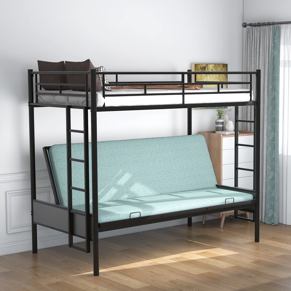 Twin Over Full Bunk Bed, SESSLIFE Metal Futon Bunk Bed for Kids Teens, Bunk Bed Guardrails and Two Side Ladder, Futon Bunk Bed Twin Over Full Size Small Space Bedroom Furniture, Black, X2374