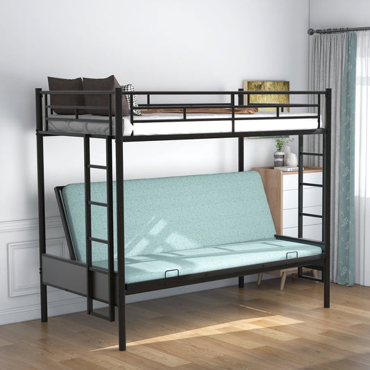 SESSLIFE Metal Twin Over Futon Bunk Bed, Twin Over Full Bunk Bed with Guardrails and Ladder, Metal Futon Bunk Bed Frame No Box Spring Needed, Space Saving Kids Furniture for Bedroom Dorm, Black, X2370