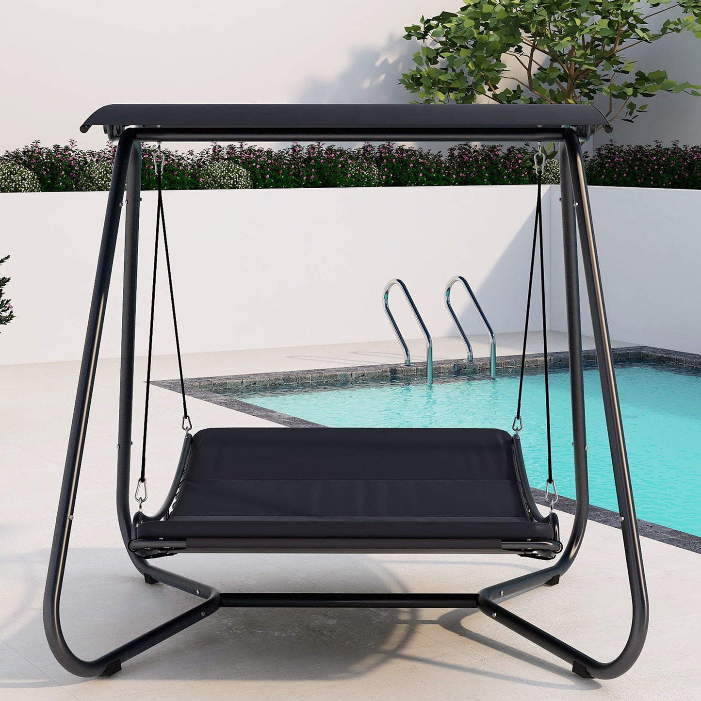 Sesslife Patio Swing Bed, Porch Lounge Swing with Adjustable and Detachable Canopy, 550 Weight Capacity, Hammock Outdoor Swing with Heavy Duty Steel Stand for Garden Poolside, Black