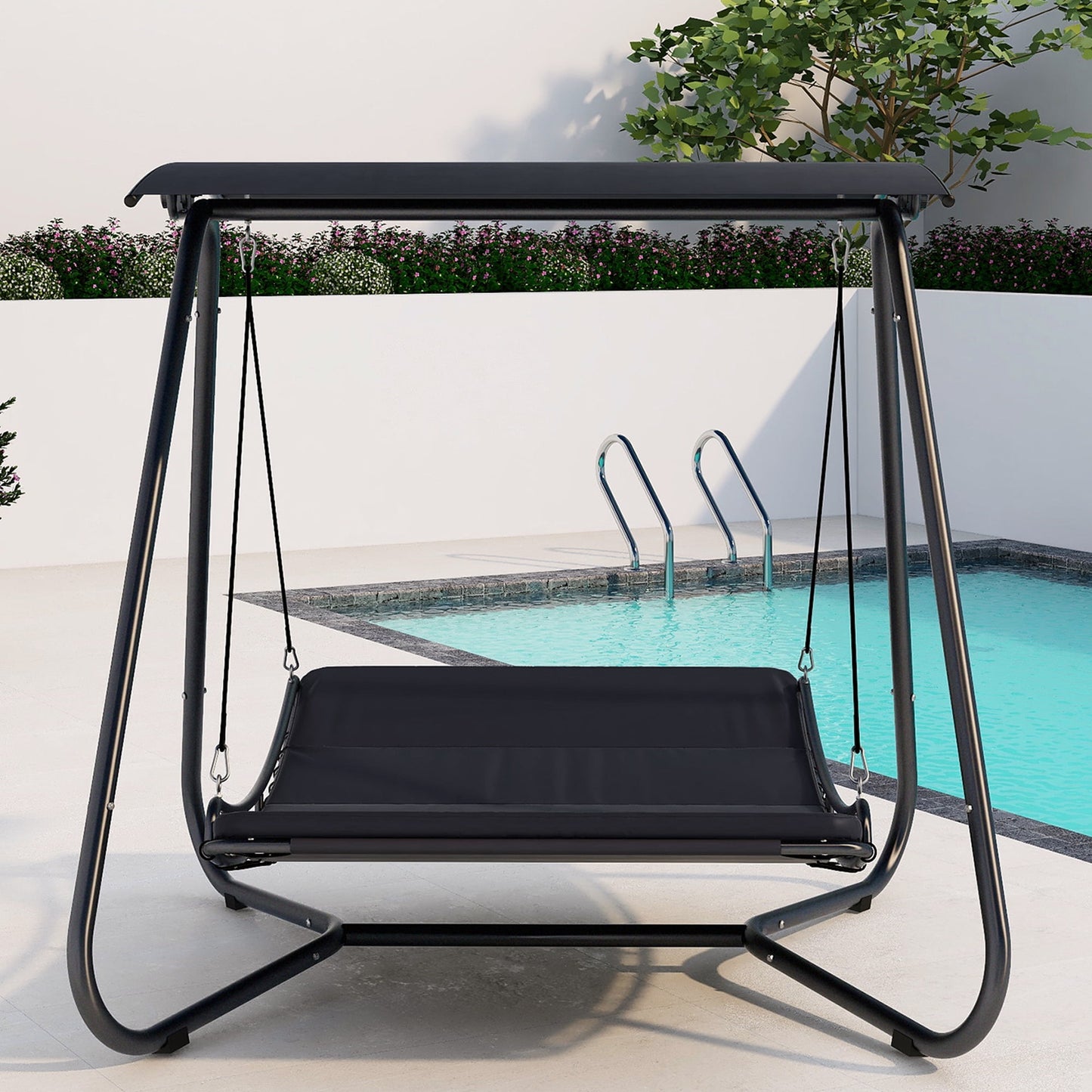 Patio Swing Bed, Sesslife Porch Lounge Swing with Adjustable and Detachable Canopy, 550 Weight Capacity, Hammock Outdoor Swing with Heavy Duty Steel Stand for Garden Poolside, Black