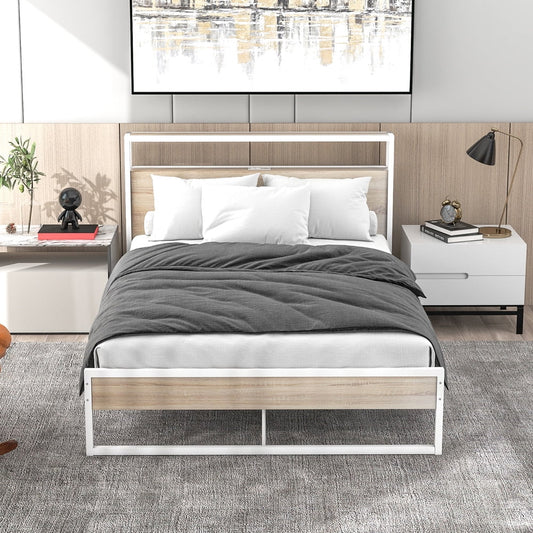 Sesslife Platform Bed Full Size, Metal Bed Frame with Headboard and Footboard for Kids Teens Adults, Full Bed Frame with Sockets and USB Ports, White, Modern Bedroom Furniture