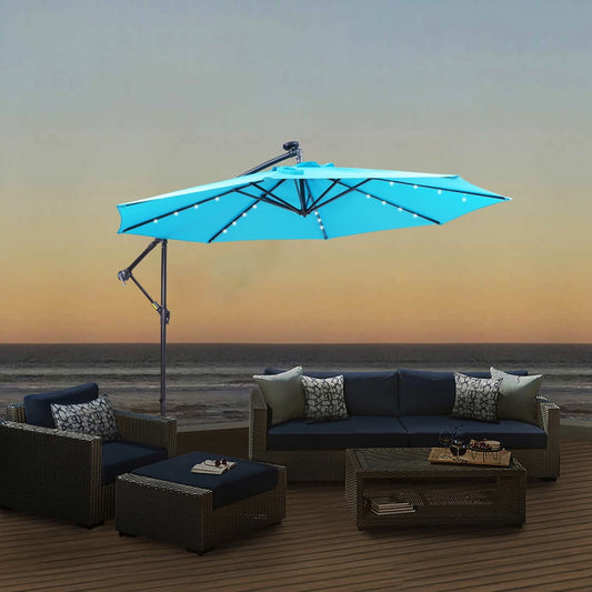 Sesslife Patio Umbrellas, 10' Outdoor Umbrella w/ 24 LED Lights, Tilt Adjustment, 8 Ribs Market Table Umbrella with Crank, Blue