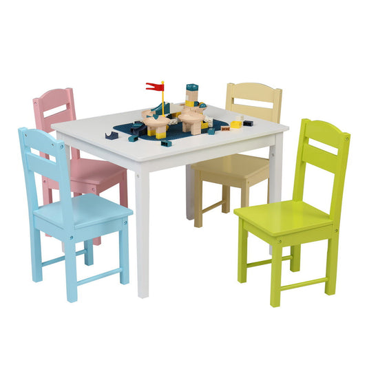 Kids Wood Table and 4 Chairs Set, Sesslife Boys Girls Activity Table and Chair Set for Childs Bedroom Living Room Playroom, Study Table Set for Childs 3-8 Years Old Gift, Colorful