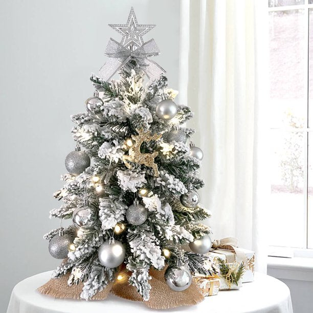 Christmas Tree with LED Lights, SESSLIFE 20 Inches Tabletop Mini Christmas Trees Indoor, Flocked Christmas Tree for Holidy Christmas Decorations, Silver Small Lighted Tabletop Christmas Tree, X1253