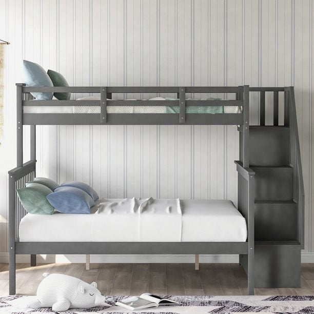 Wood Twin Over Full Bunk Bed for Kids, SESSLIFE Bunk Bed with Stairs and Storage Shelves, Bed Frame with Safety Guardrails & Slats Support, No Box Spring Needed, Gray, X2130