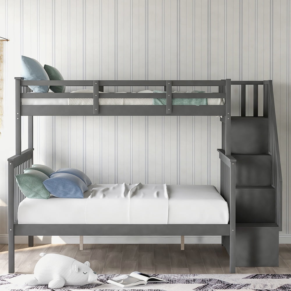 Bunk Bed Twin Over Full Size, SESSLIFE Wood Bunk Bed with Stairs and Storage Shelves, No Box Spring Required, Bed Frame with Guardrails for Kids Teens Adults, Space Saving, Gray, X2127