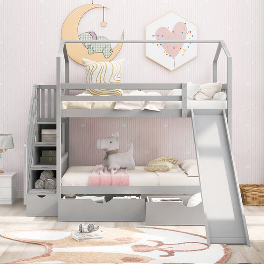 Twin over Twin Wood Bunk Bed with Drawers, Sesslife Kids House Bunk Bed with Slide and Storage Staircase, Wood House Bed with Safe Guardrail for Kids, Teens, Easy Assemblem, Gray, X2942