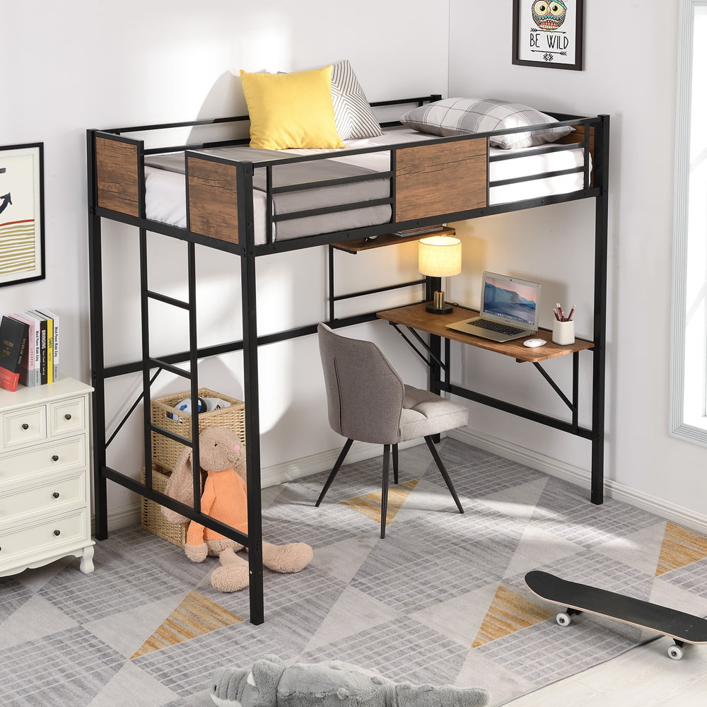 Loft Bed with Desk and Shelf, SESSLIFE Metal Twin Loft Bed Frame with Steel Slats Support, No Box Spring Needed, Space Saving Loft Bed with Ladder and Guardrails for Kids Bedroom Dorm, Brown, X1959