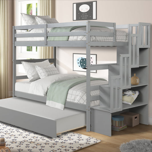 Sesslife Twin Over Twin Bunk Bed with Trundle and Storage, Kids Bunk Bed with Full-Length Guardrail, Convertible Wood Twin Bunk Bed Frame No Box Spring Needed, Triple Bunk Bed for Kids Teens, Gray