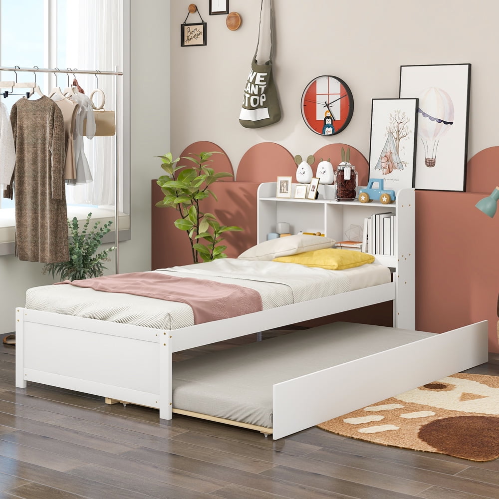 Twin Bed with Trundle Bed, Sesslife Twin Bed Frames with Bookcase Headboard, Wood Platform Bed with Storage, Twin Size Beds No Box Spring Needed, Twin Bed Frames for Kids Teens Adults, White