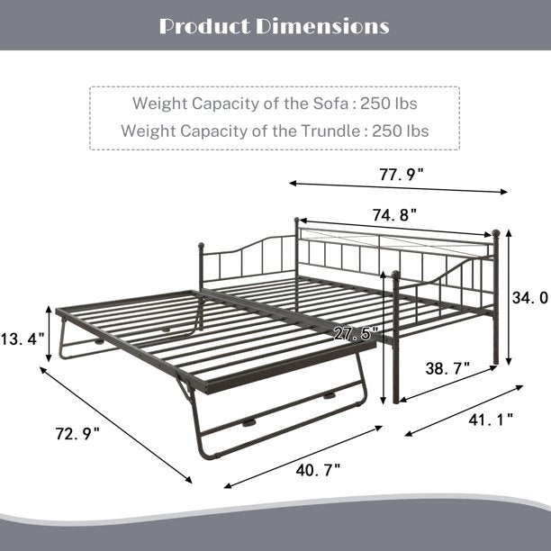 Twin Daybed with Trundle, SESSLIFE Metal Daybed Frame with Pop Up Trundle, No Box Spring Needed, Twin Size Sofa Bed with Steel Slats Support for Living Room Office, Black