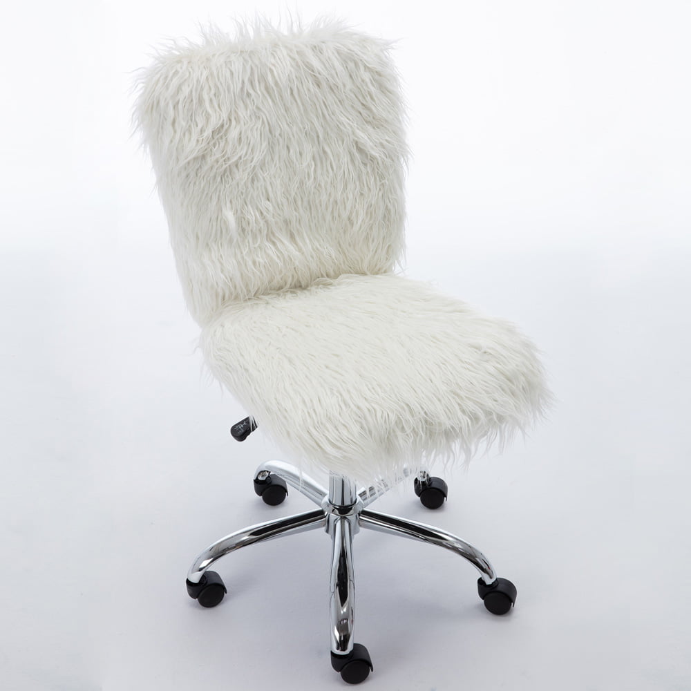 Faux Fur White Vanity Chair for Girls, SESSLIFE Modern Office Desk Chair with Swivel Wheels & Adjustable Height, Cute Upholstery Armless Makeup Chairs for Bedroom Office, Office Computer Chair, X2498