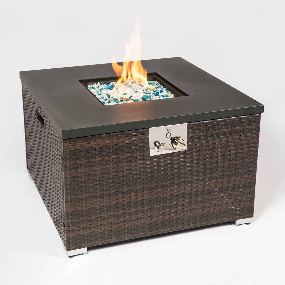 32" Square Brown Wicker Fire Pits for Outside, SESSLIFE 40,000 BTU Propane Fire Pit with Ceramic Tile Tabletop, Waterproof Over, Metal Lid, Rocks, Fire Pit Table for Backyard Patio, X926