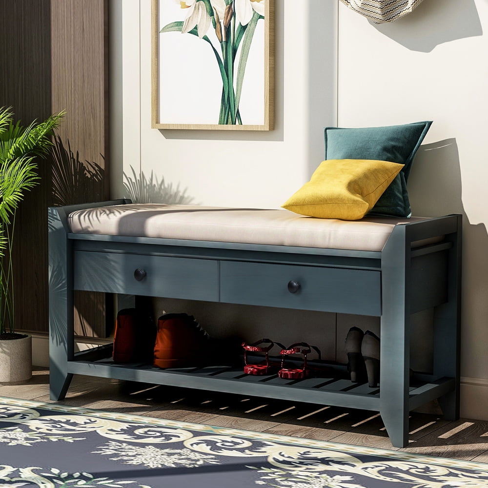 SESSLIFE Entryway Bench with Storage Drawers, Wooden Shoe Bench, Modern Storage Bench with Cushion, Antique Navy, X274