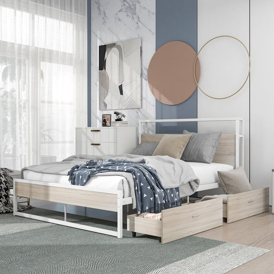 Sesslife Platform Bed Full Size, Metal Bed Frame with 2 Drawers for Bedroom, Modern Industrial White Bed Frame with Sockets and USB Ports, Storage Full Bed No Box Spring Needed, 440 LBS