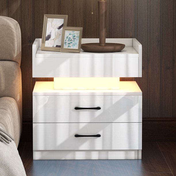 2-Drawer Nightstand for Bedroom, Sesslife Wood Bedside Table with LED Light, USB Charging Ports and Outlets, Wireless Charging Functions, Modern Storage Furniture Night Stand, White