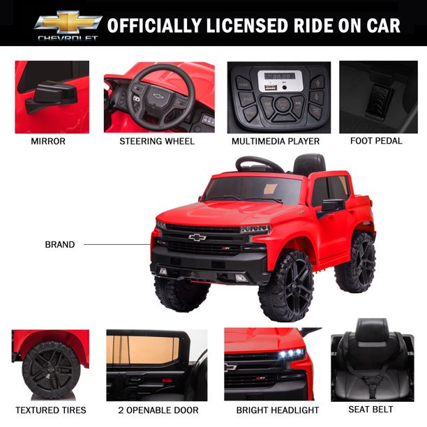 Chevrolet Silverado Kids Ride on Car, 12V Ride on Toy with Remote Control, 4 Wheels Suspension, Safety Belt, Electric Car with MP3 Player, LED Lights, Red, X437