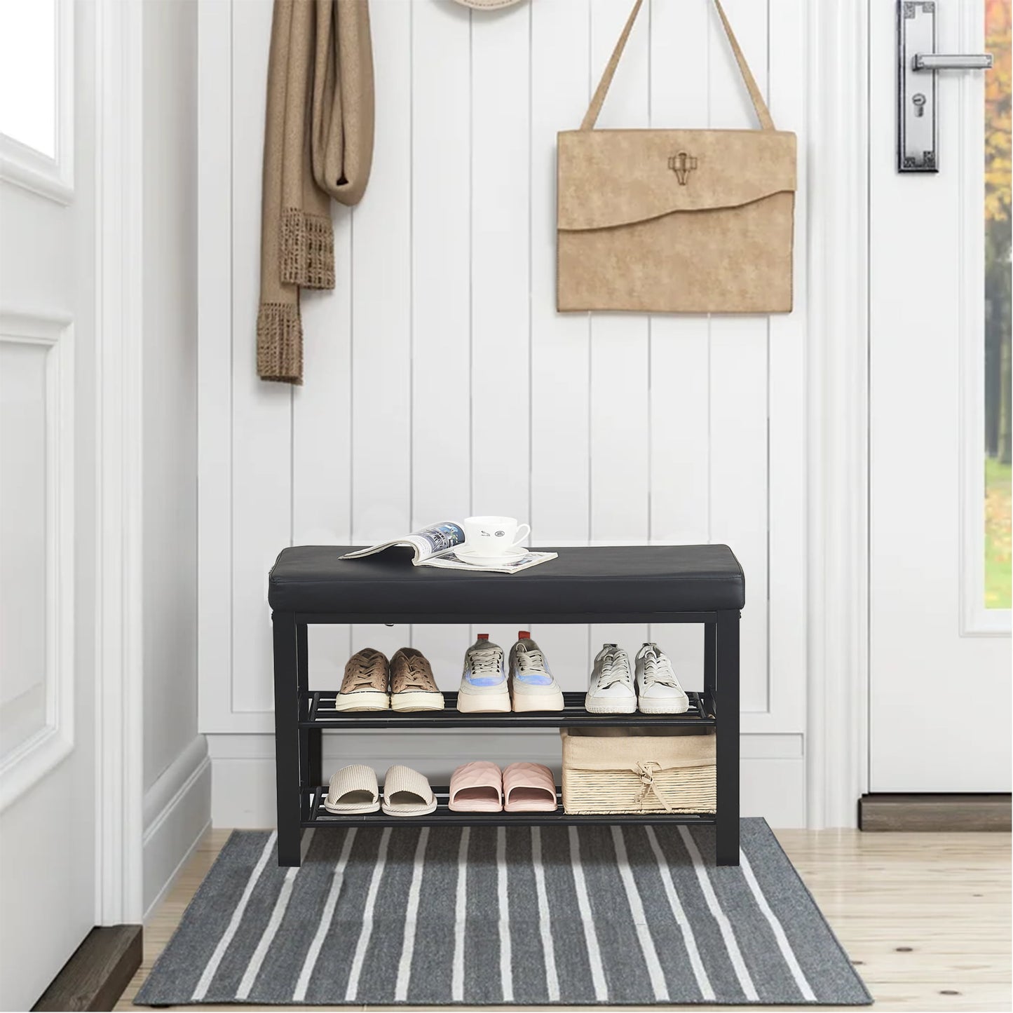 3 Tier Entryway Bench with Storage, SESSLIFE Metal Shoe Rack Organizer, Storage Bench with Faux Leather Seat, 220 LBS, Black