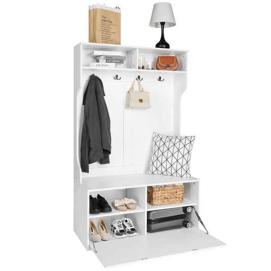 Hall Tree with 4 Hooks, Bench, and Storage, Sesslife Wood Coat Racks for Entryway Living room Hallway, Entryway Bench Hall Tree with Two Open Shelves and Bottom Cabinet with Door, White