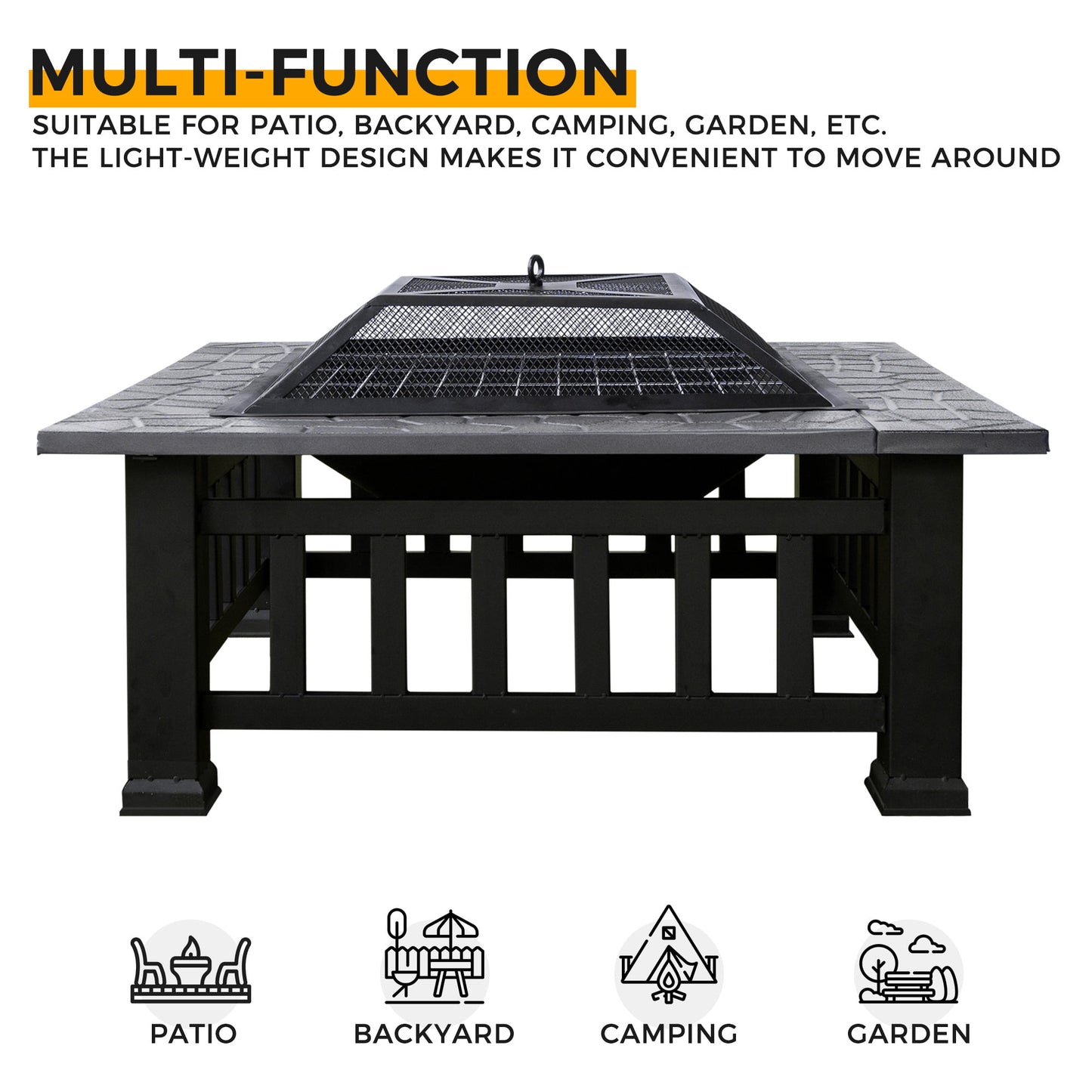 32" Fire Pits for Outside, SESSLIFE Wood Burning Fire Pit with Safe Mesh Lid, Poker, Square Fire Pit Table for Backyard Patio, 3 In 1 Firepit/Grill/Ice Bucket, Antique Gray, X742