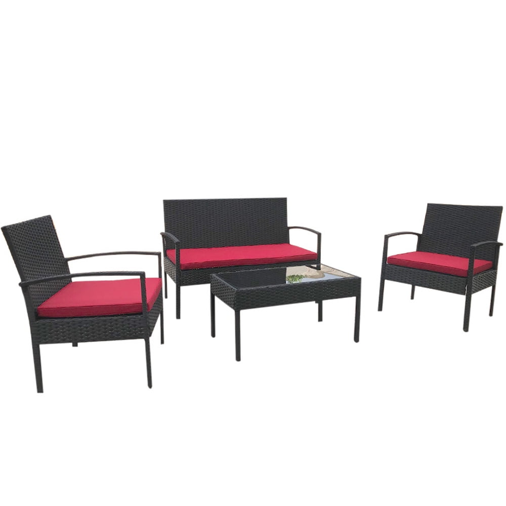 Wicker Outdoor Furniture Set, Sesslife 4-Piece Patio Sectional Sofa for Garden Backyard, 4-Person Black Rattan Seating Group with 2 Chairs, Loveseat, Tempered Glass Table, Red Cushions