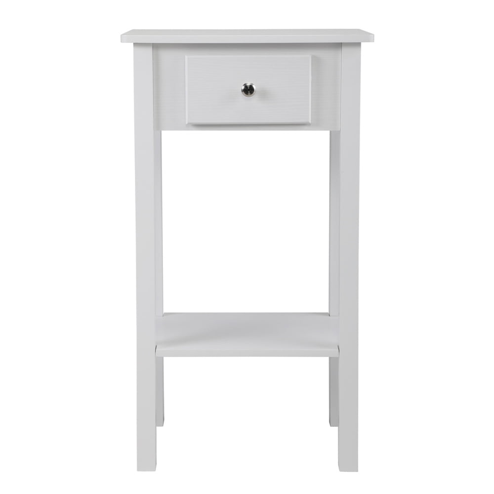 Wood Bedside Table with Drawer, SESSLIFE Tall End Table with Low Storage Shelf, Rustic Nightstand for Bedroom Dorm, 2-Tier Sofa Side Table Telephone Table for Living Room Office, White, X2341