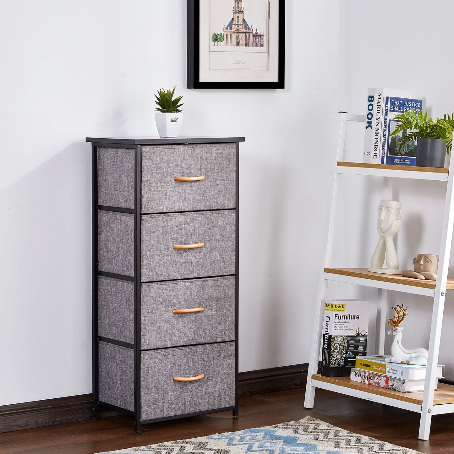 SESSLIFE Storage Fabric Dresser, 4-Drawer Nightstand Dresser Organizer with Wood Frame and Wide Wood Top, Modern Bedside Table End Table for Bedroom Hallway Entryway Closets, Gray, X1291