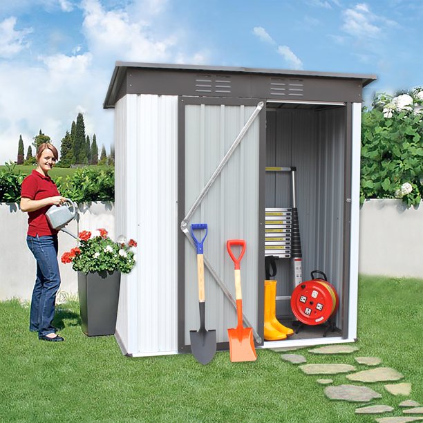 Sesslife Tool Storage Shed, 5 x 3 Ft Storage House with Vents, Galvanized Aluminum Garden Shed with Lockable Door, 69.7" Tall Verticle Outdoor Storage Shed for Patio Lawn Backyard, Gray, X3227