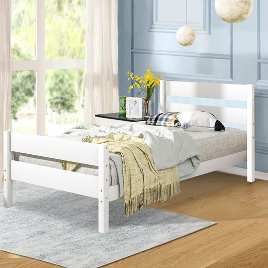 Twin Bed with Headboard and Footboard, Sesslife Solid Wood Bed Frame for Kids Teens Bedroom Dorm, Twin Size Platform Bed with Support Slats, White Bed Frames for Boys Girls, No Box Spring Needed