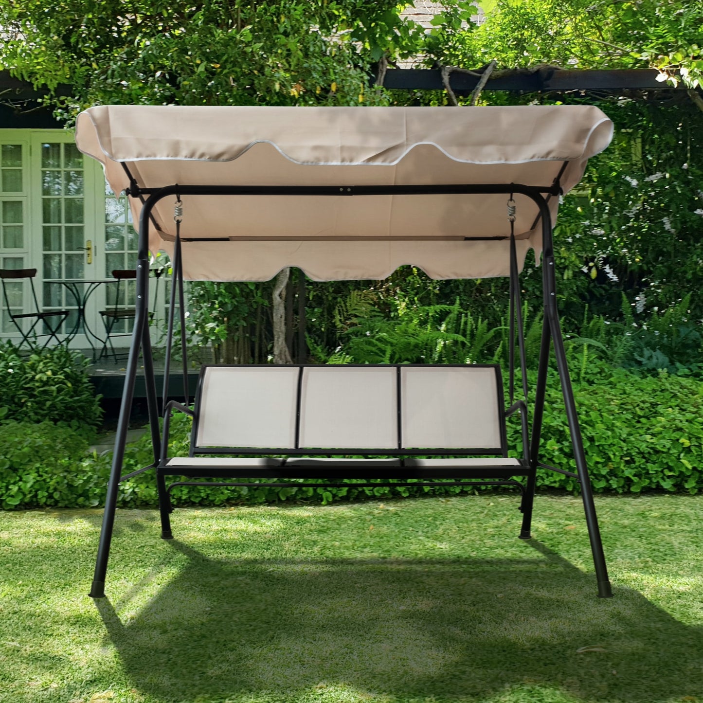 Sesslife Patio Swing Chair, Porch Swing with Adjustable Canopy, 3-Seat Outdoor Swing Chairs with Armrests and Steel Stand for Garden Bench Yard Poolside, Beige
