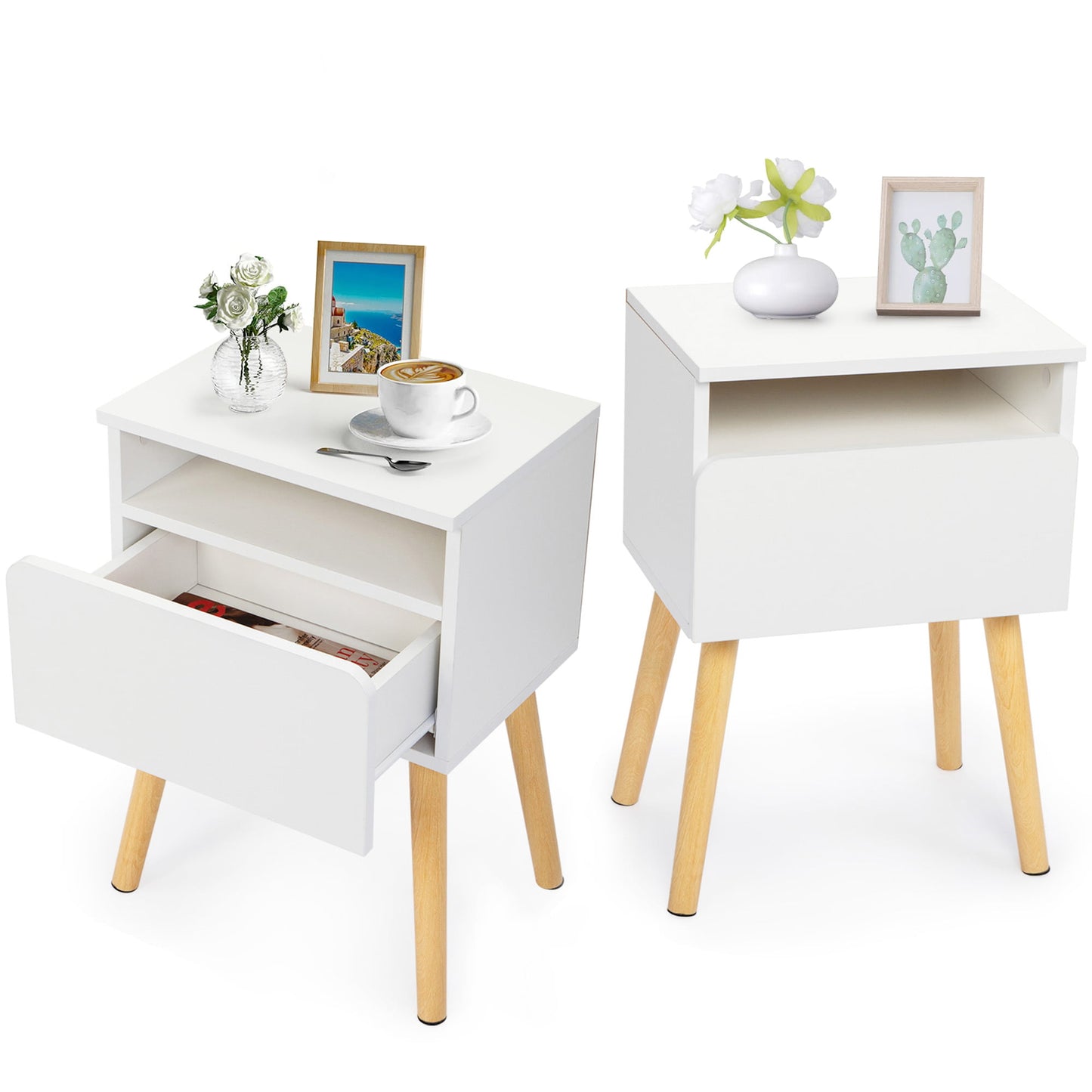 Sesslife Side Table Set of 2, Modern Nightstands with Drawer and Shelf, Wood Bedside Table with Storage for Bedroom Living Room End Table with Pine Legs, White