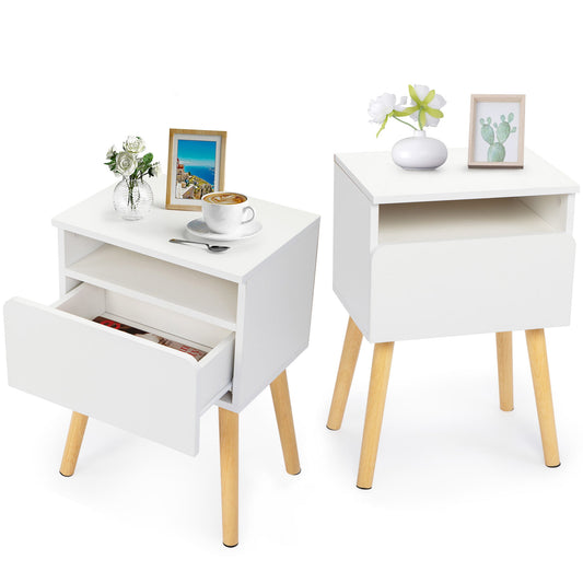 Sesslife Side Table Set of 2, Modern Nightstands with Drawer and Shelf, Wood Bedside Table with Storage for Bedroom Living Room End Table with Pine Legs, White