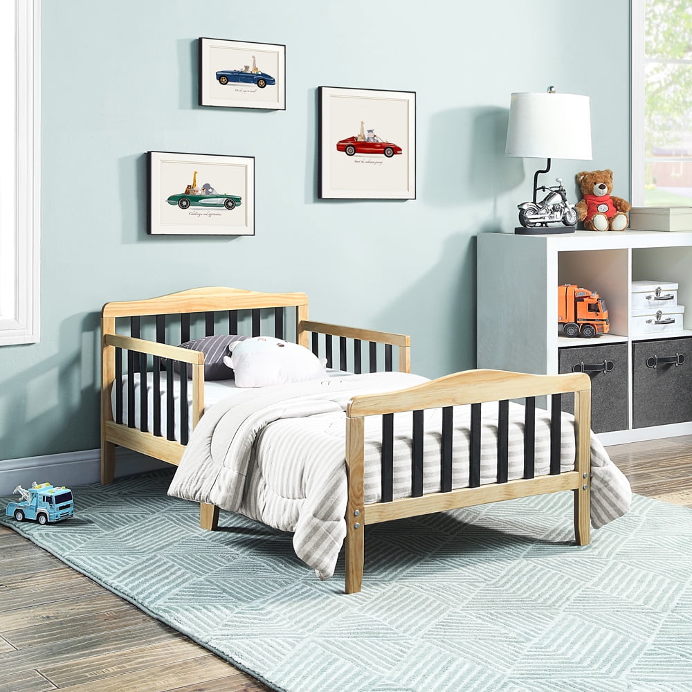 Sesslife Toddler Bed Natural/Black, Wood Toddler Bed frame for Boys Girls, Platform Bed with Safety Side Rails, Headboard, Kids Bed No Box Spring Needed, Modern Toddler Furniture for Toddler Room