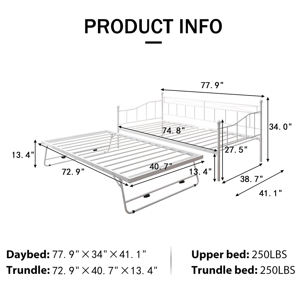 Sesslife Twin Size Daybed, Metal Sofa Bed with Adjustable Trundle, White