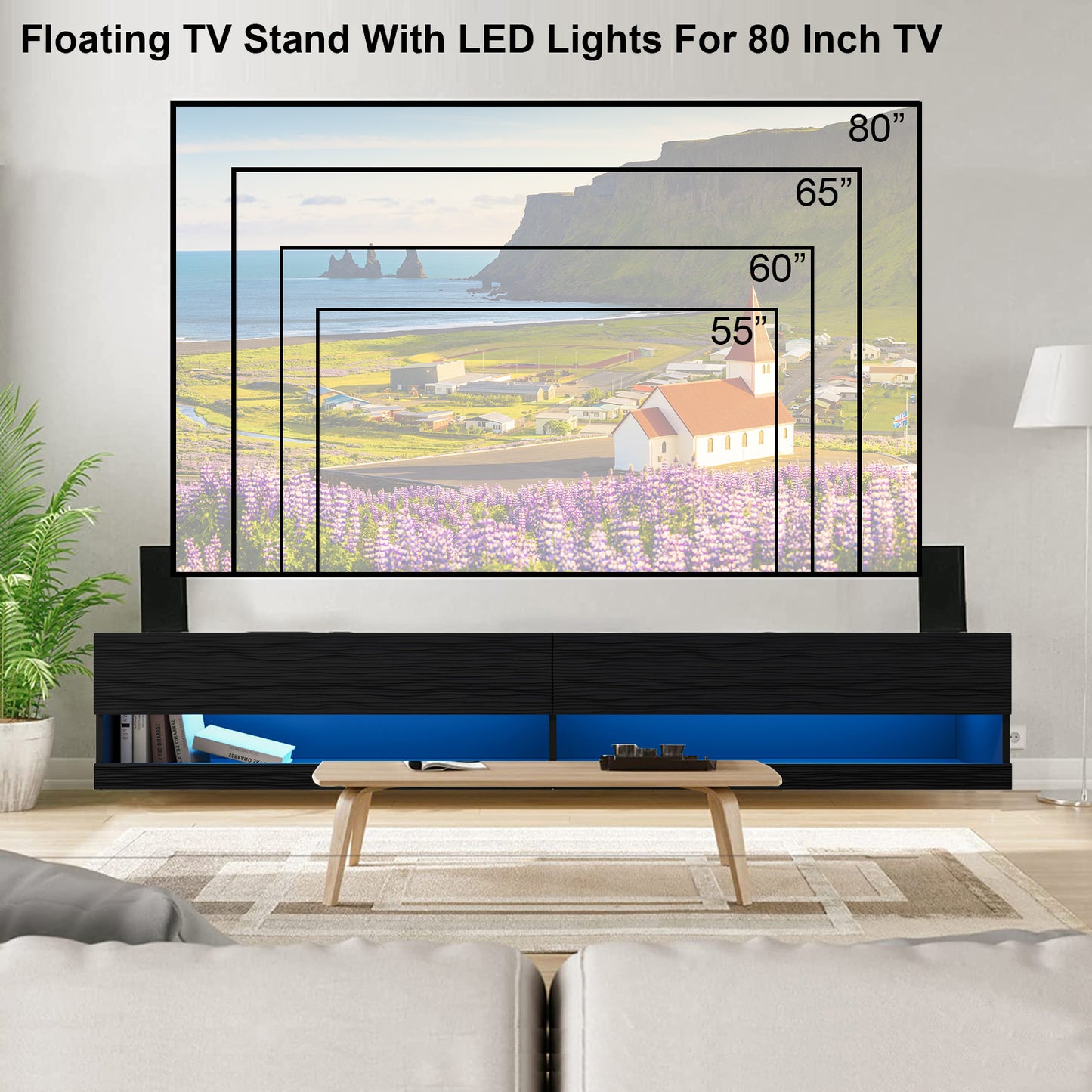 Sesslife Floating TV Stand Wall Mounted, LED Entertainment Center with Storage Cabinets, TV Stand for 80 Inch TV, Gaming Entertainment Center Console Table with Lights, Black