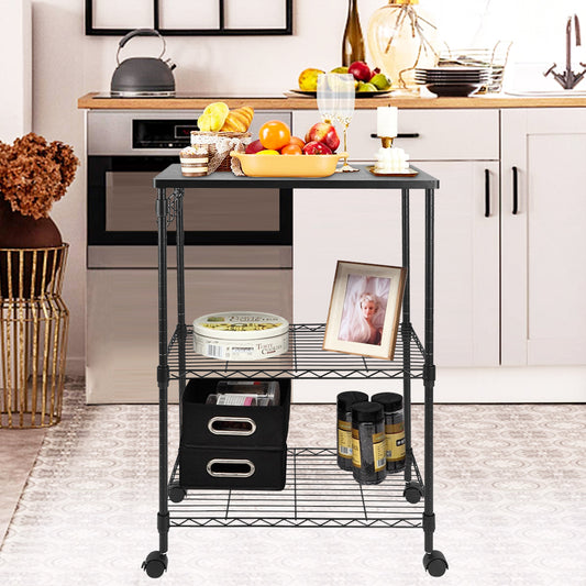 SESSLIFE 3 Tiers Kitchen Storage Cart, Kitchen Island with 4 Hooks, Black Oven Stand Coffee Bar with Metal Frame, Multifunctional Workstation for Kitchen, Living Room