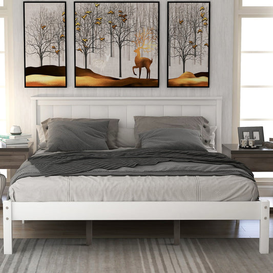 SESSLIFE Queen Platform Bed Frames, Wood Bed Frame with Headboard and Slats Support, Queen Bed Frames for Adults Teens Kids Bedroom, No Box Spring Needed, White, X2403