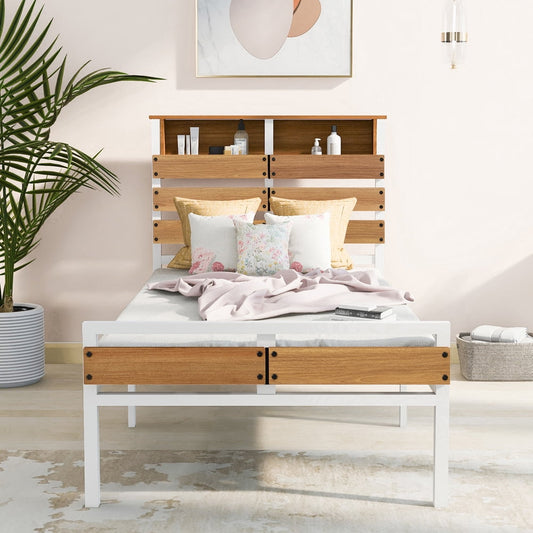 SESSLIFE Metal Twin Bed Frame, Platform Bed Frame with Wooden Storage Headboard and Footboard, Twin Size Bed Frame No Box Spring Needed for Kids Teens, Bedroom Furniture, White, X969