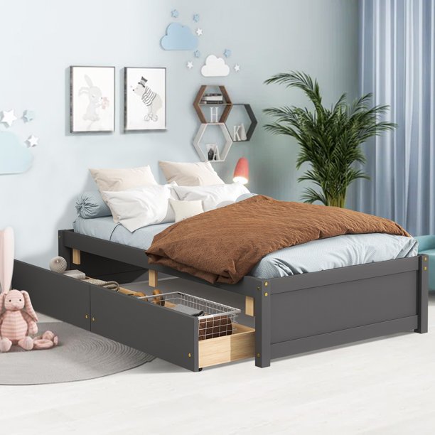 SESSLIFE Twin Platform Bed with Drawers, Wood Twin Bed Frame with Storage for Bedroom Guest Room, Twin Size Bed Frame No Box Spring Need for Boys Girls Teens Adults, Gray, X2920