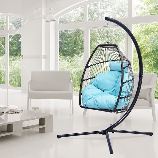 Sesslife Swing Egg Chair with Stand, Wicker Rattan Patio Basket Hanging Chair with Seat Cushion and Pillow, Steel Frame, Folding Swing Chair with 250lbs Capacity for Bedroom Balcony Patio, Blue, X3292