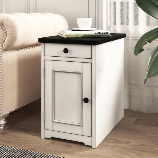 SESSLIFE Nightstand with Drawer and Cabinet, Wooden Bedside Tables with USB Port, Cup & Remote Control Holder, Antique Gray Accent Table End Table for Living Room Bedroom, X1567