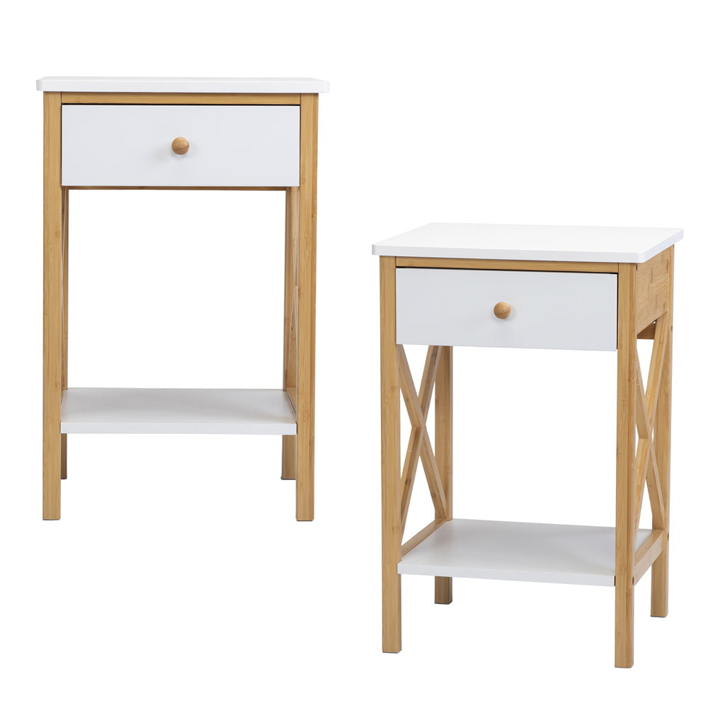 Bedside Table Set of 2, SESSLIFE End Table with Drawer, Storage Side Table with Open Shelf, 2-Tier Nightstand for Bedroom Living Room, Modern Functional Sofa Table with X-Shape Frame, White & Natural