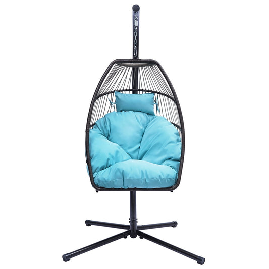 Swing Egg Chair with Stand, Sesslife Wicker Rattan Patio Basket Hanging Chair with Seat Cushion and Pillow, Steel Frame, Folding Swing Chair with 250lbs Capacity for Bedroom Balcony Patio, Blue, X3298