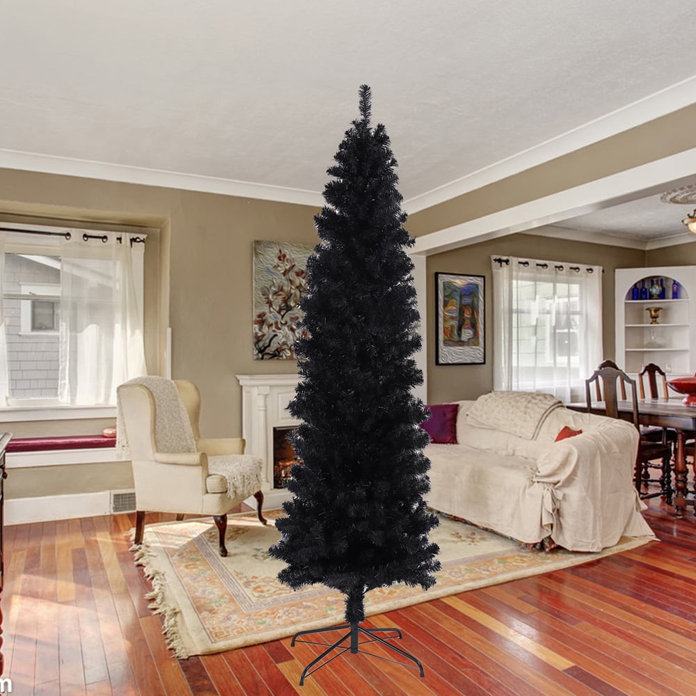 SESSLIFE 7.5 Ft Black Pencil Artificial Christmas Tree, Fade Xmas Tree w/900 Tips and Foldable Metal Stand, Outdoor Indoor Christmas Decoration Tree for Xmas Holiday Home Party Office, Black, X1335