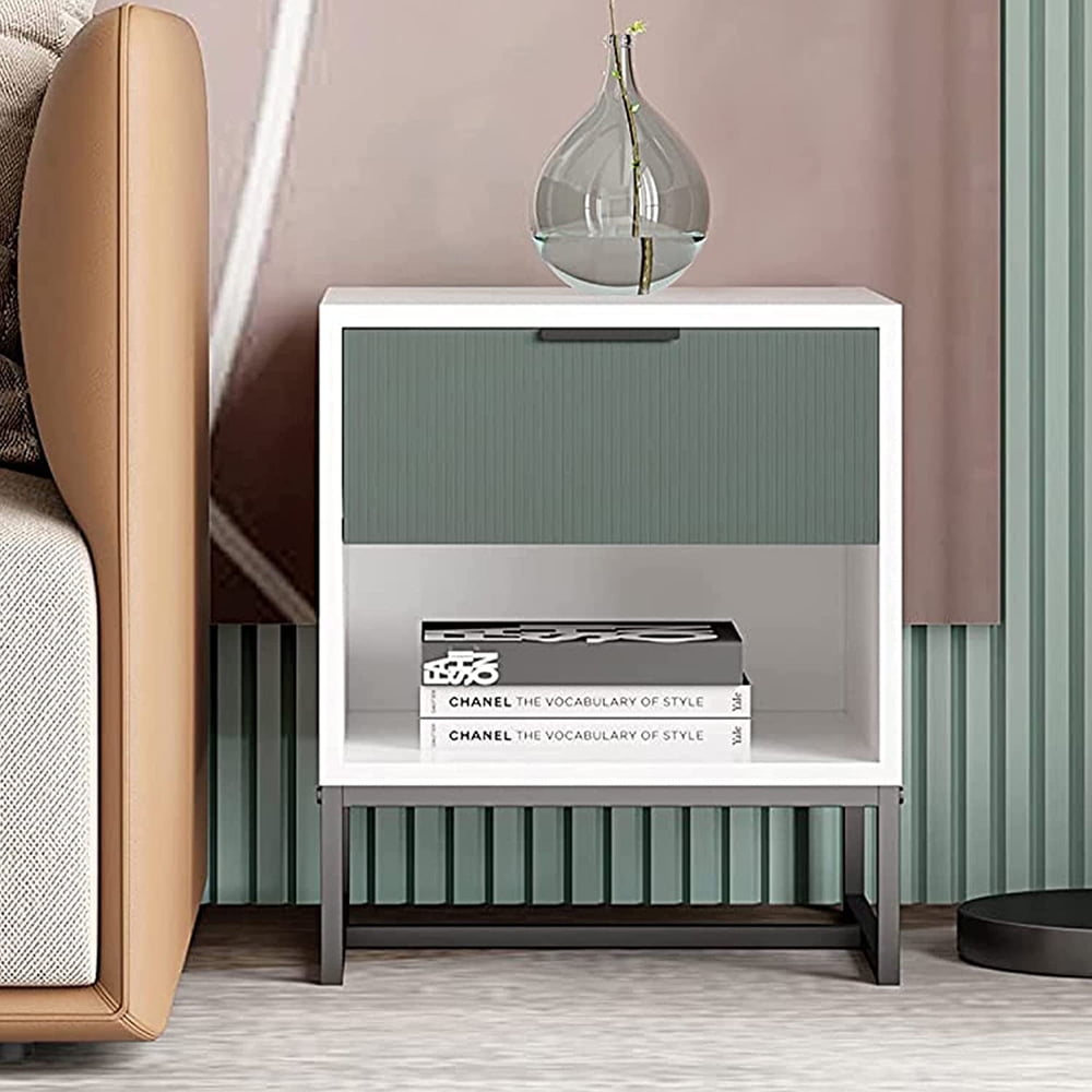 Sesslife Modern Nightstands, Bedroom Bedside Table with Drawer, Tall End Table with Bottom Shelf, Steel Frame Wood Side Table, 220Lbs Weight Capacity, Easy Assembly, White & Green, X3299