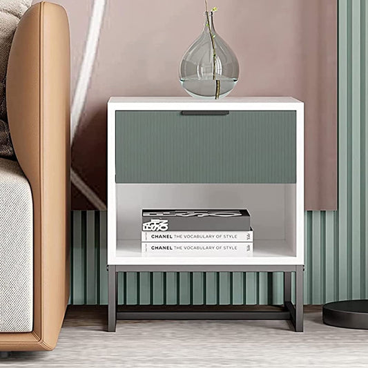 Sesslife Modern Nightstands, Bedroom Bedside Table with Drawer, Tall End Table with Bottom Shelf, Steel Frame Wood Side Table, 220Lbs Weight Capacity, Easy Assembly, White & Green, X3299