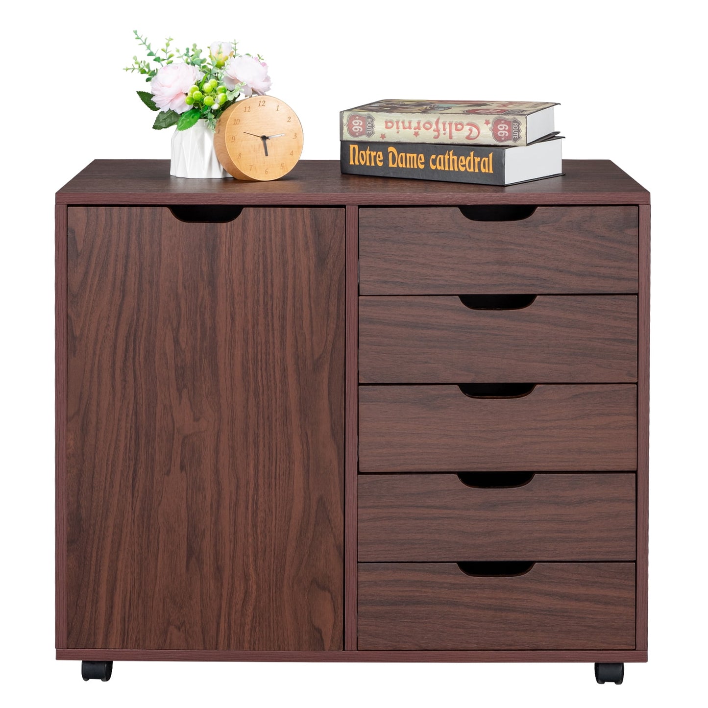 Storage Cabinet, Sesslife Wood Dresser with Doors and 5 Drawers, 360¡ã Swivel Casters, Modern Free Standing Organizer Chest of Drawer for Home Office, Dark Brown