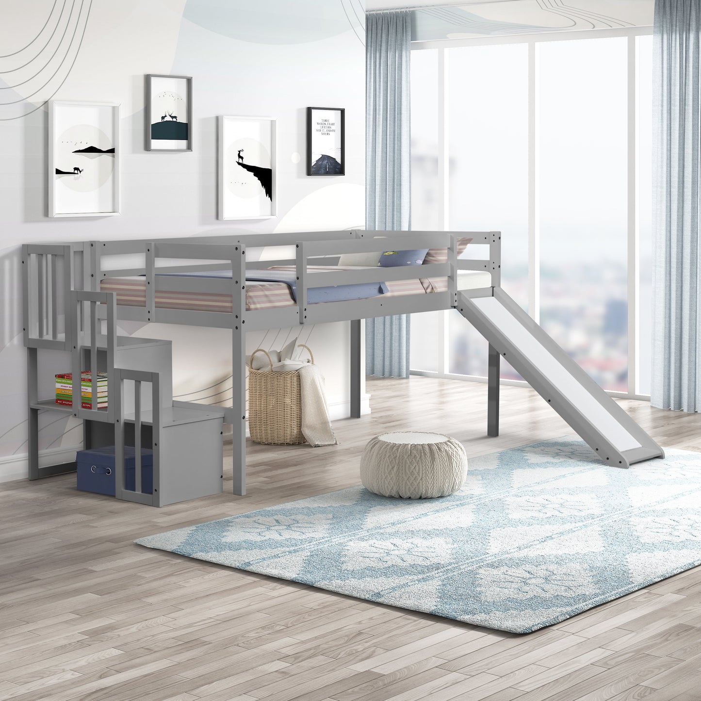 Loft Bed with Slide, SESSLIFE Twin Loft Bed with Storage Stair and Guardrail, Kid Bed Frame with Wood Slat Support and No Box Spring Needed, Wood Loft Bed for Bedroom Dorm, Space Saving, Gray, X2060