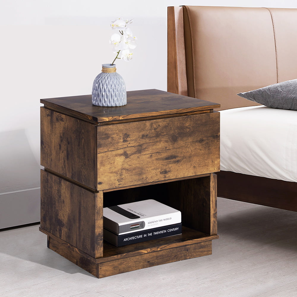 SESSLIFE Night Stands, Brown Rustic Storage Nightstand with Drawer & Open Shelf, Wooden Bedside Table for Bedroom, End Table Side Table for Living Room, Saving Space, 19.7" L x 15.7" W x 22" H, X1895